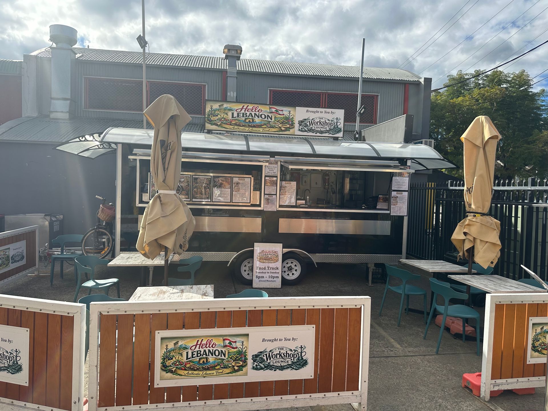 Hello Lebanon food truck and outdoor seating behind the lounge